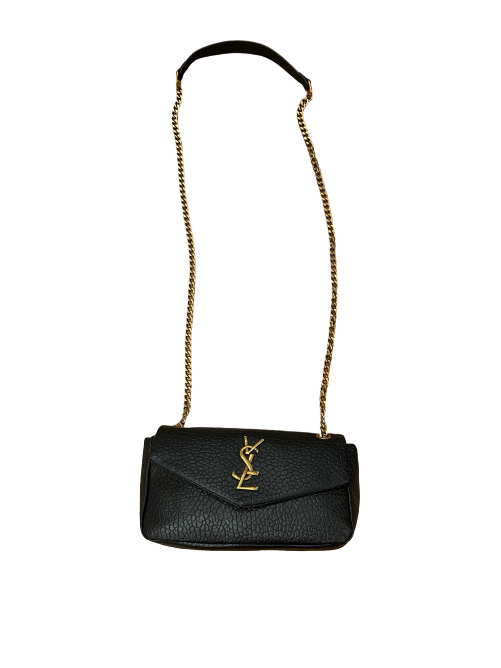 YSL Saint Laurent Black Pebbled Leather Flap Bag Gold Y-Logo Chain Strap
